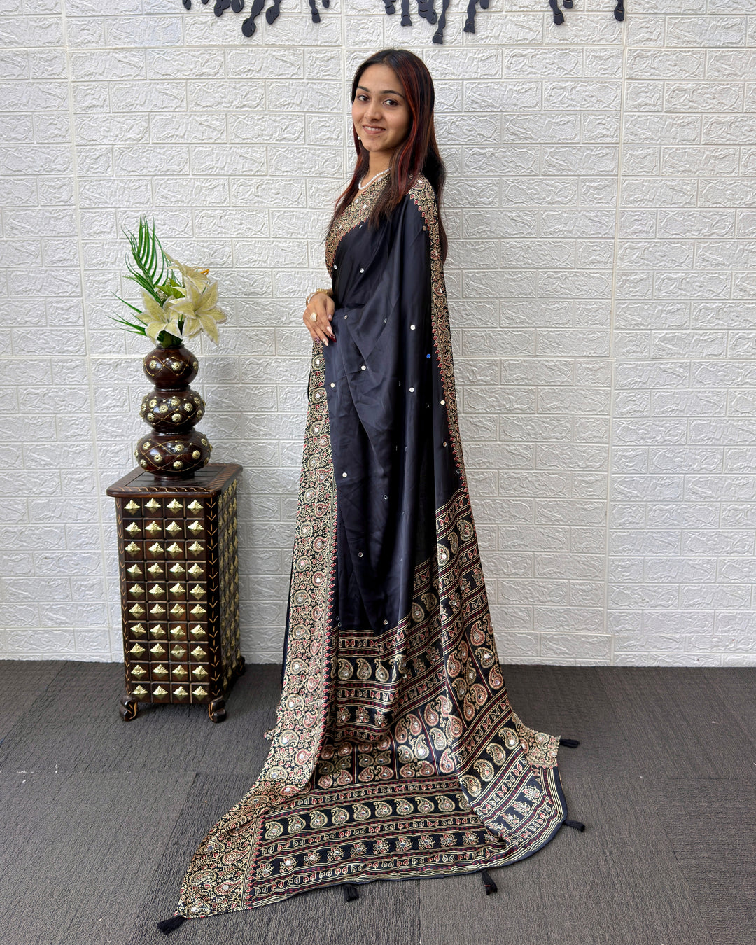 Black Satin Silk Saree with Kashmiri Paisley Print Pallu &amp; Designer Border | Elegant Festive Wear Saree