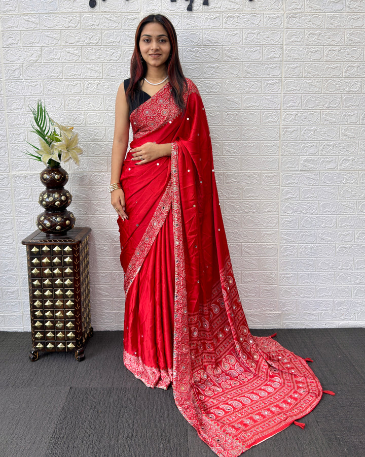 Red Satin Silk Saree with Kashmiri Paisley Print Pallu &amp; Designer Border | Festive &amp; Wedding Wear Saree