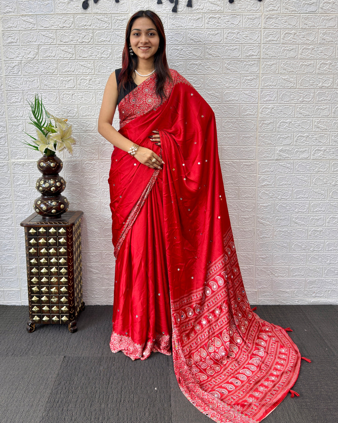 Red Satin Silk Saree with Kashmiri Paisley Print Pallu &amp; Designer Border | Festive &amp; Wedding Wear Saree