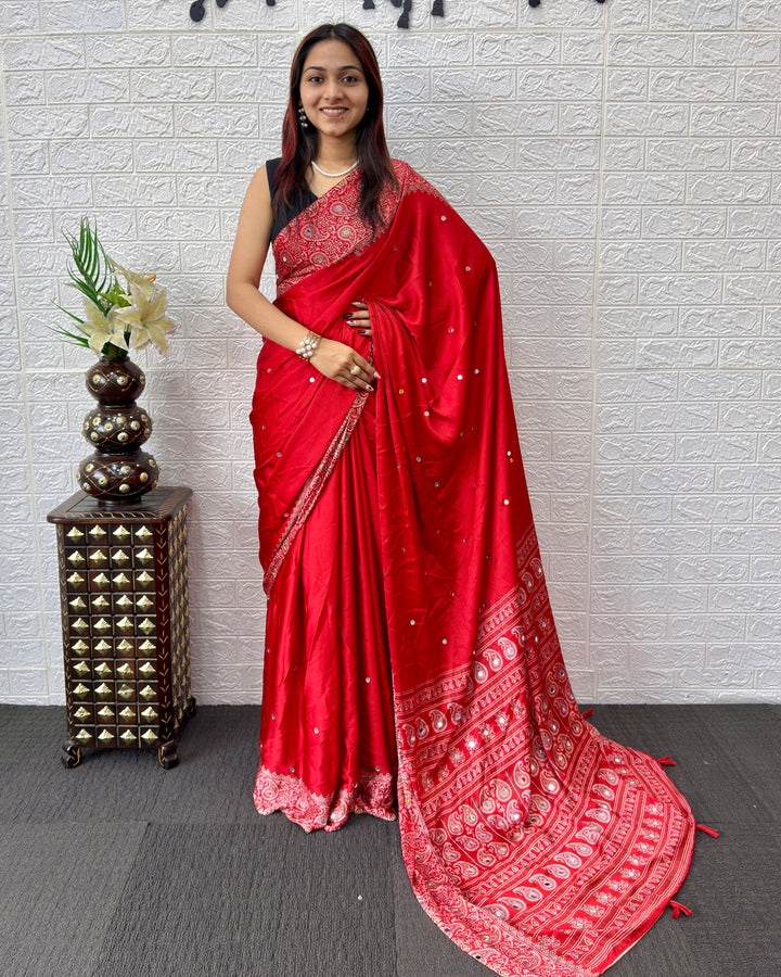 Red Satin Silk Saree with Kashmiri Paisley Print Pallu &amp; Designer Border | Festive &amp; Wedding Wear Saree