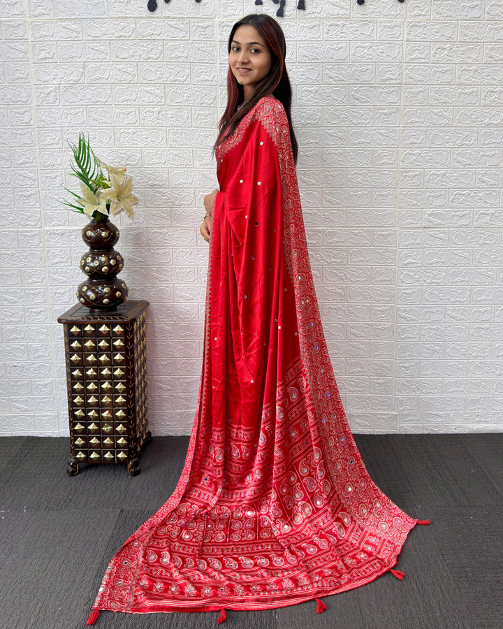 Red Satin Silk Saree with Kashmiri Paisley Print Pallu &amp; Designer Border | Festive &amp; Wedding Wear Saree