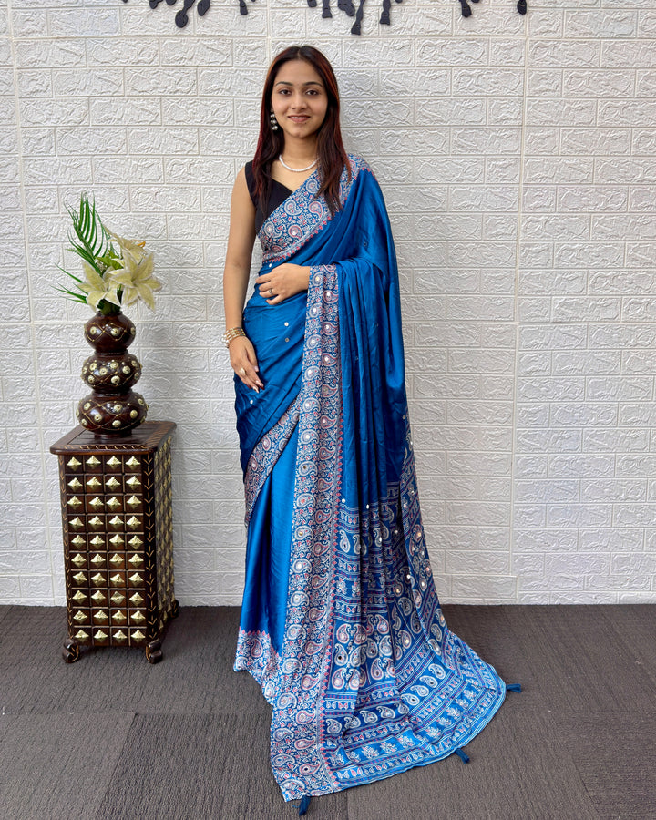 Royal Blue Satin Silk Saree with Kashmiri Paisley Print Pallu &amp; Designer Border | Premium Festive Wear Saree