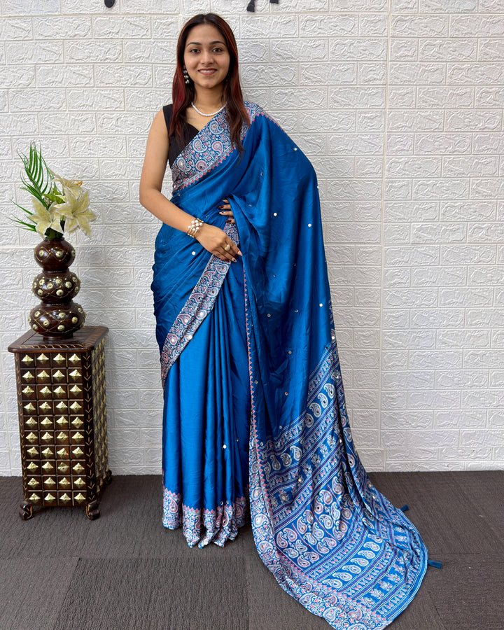 Royal Blue Satin Silk Saree with Kashmiri Paisley Print Pallu &amp; Designer Border | Premium Festive Wear Saree