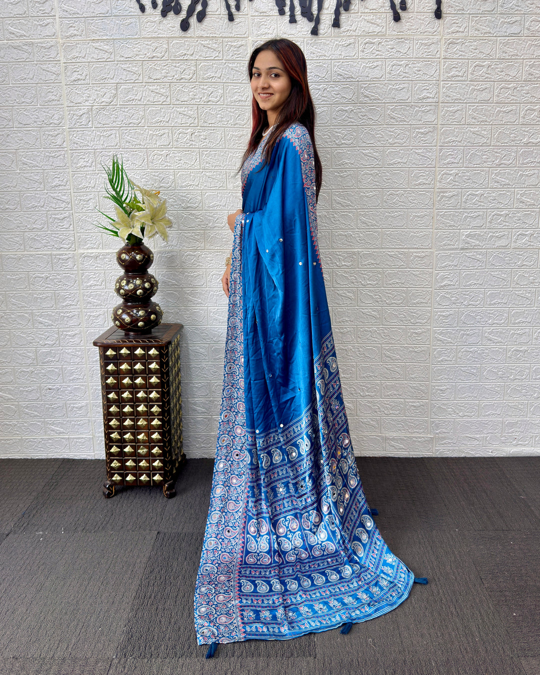 Royal Blue Satin Silk Saree with Kashmiri Paisley Print Pallu &amp; Designer Border | Premium Festive Wear Saree