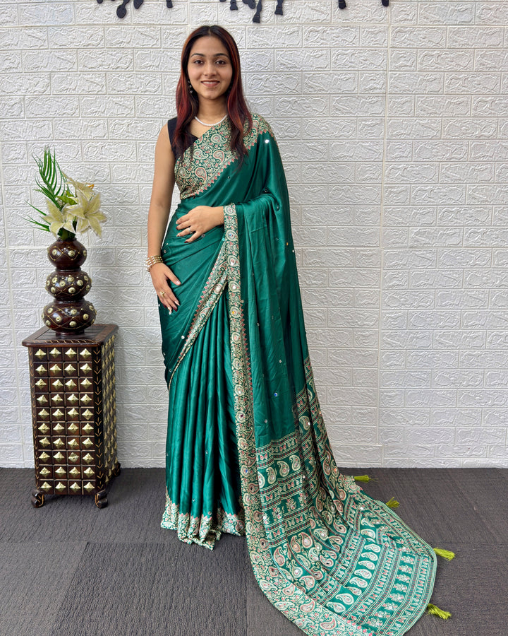 Emerald Green Satin Silk Saree with Kashmiri Paisley Print Pallu &amp; Designer Border | Festive &amp; Wedding Wear Saree