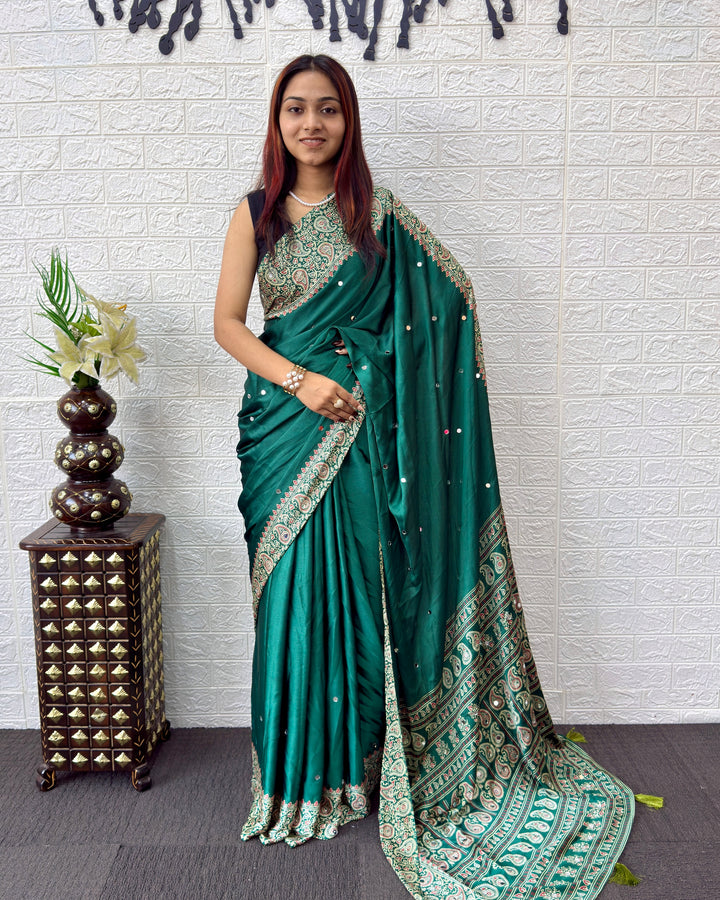 Emerald Green Satin Silk Saree with Kashmiri Paisley Print Pallu &amp; Designer Border | Festive &amp; Wedding Wear Saree