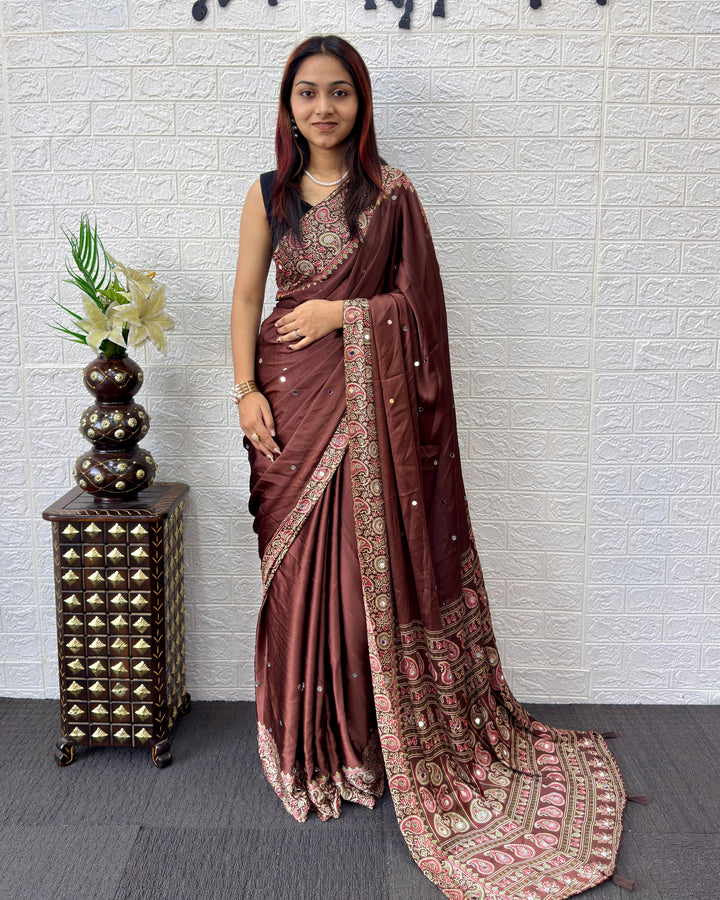 Chocolate Brown Satin Silk Saree with Kashmiri Paisley Print Pallu &amp; Designer Border | Festive, Wedding &amp; Party Wear Saree
