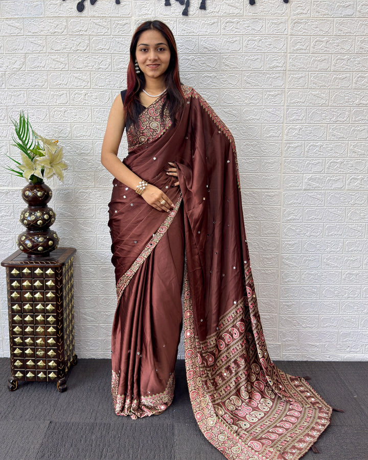 Chocolate Brown Satin Silk Saree with Kashmiri Paisley Print Pallu &amp; Designer Border | Festive, Wedding &amp; Party Wear Saree
