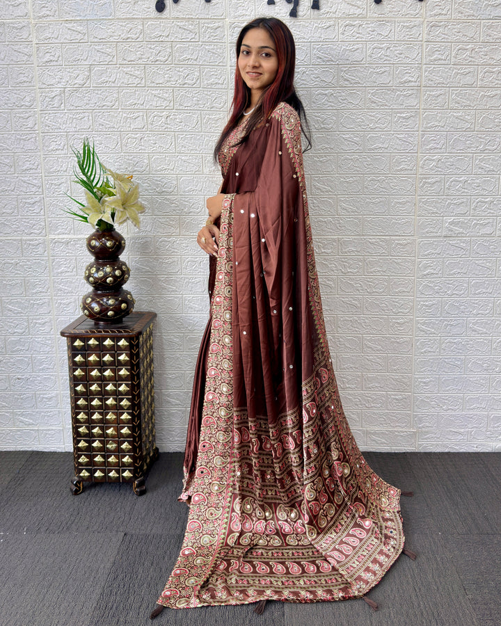 Chocolate Brown Satin Silk Saree with Kashmiri Paisley Print Pallu &amp; Designer Border | Festive, Wedding &amp; Party Wear Saree