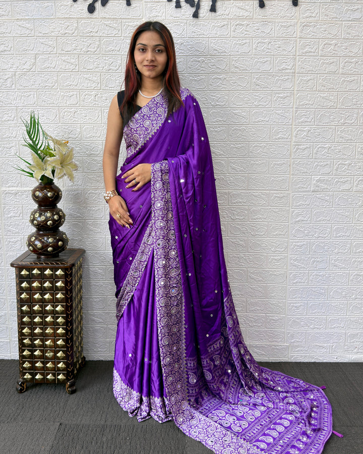 Royal Purple Satin Silk Saree with Kashmiri Paisley Print Pallu &amp; Mirror Butti Detailing | Festive &amp; Wedding Wear Saree