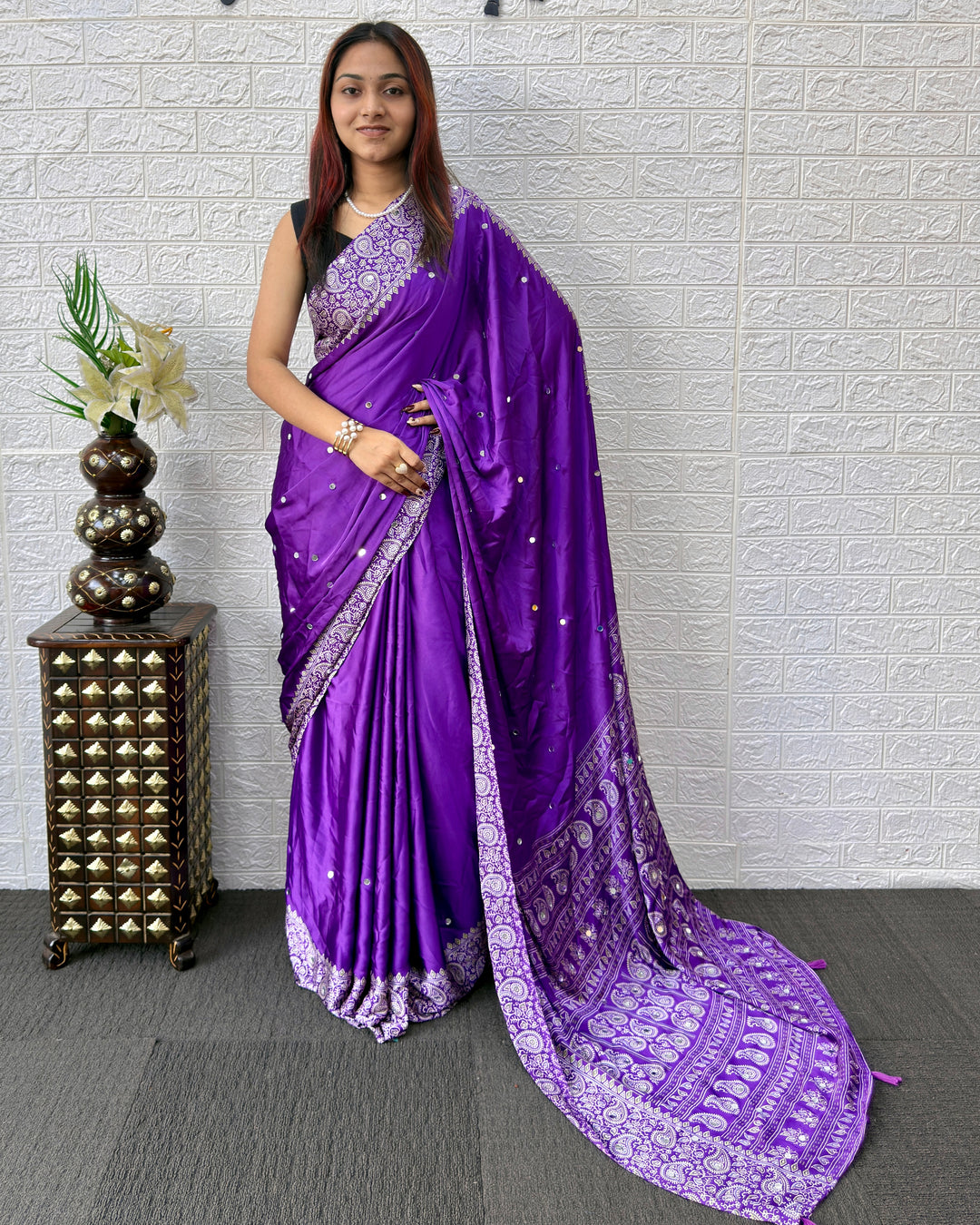 Royal Purple Satin Silk Saree with Kashmiri Paisley Print Pallu &amp; Mirror Butti Detailing | Festive &amp; Wedding Wear Saree