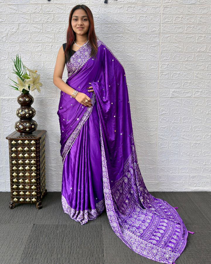 Royal Purple Satin Silk Saree with Kashmiri Paisley Print Pallu &amp; Mirror Butti Detailing | Festive &amp; Wedding Wear Saree