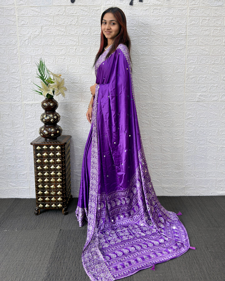 Royal Purple Satin Silk Saree with Kashmiri Paisley Print Pallu &amp; Mirror Butti Detailing | Festive &amp; Wedding Wear Saree