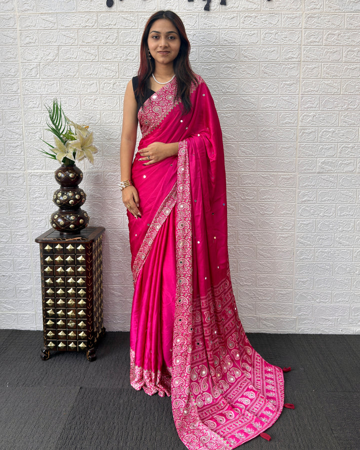 Rani Pink Satin Silk Saree with Kashmiri Paisley Print Pallu &amp; Mirror Butti Detailing | Festive, Wedding &amp; Party Wear Saree
