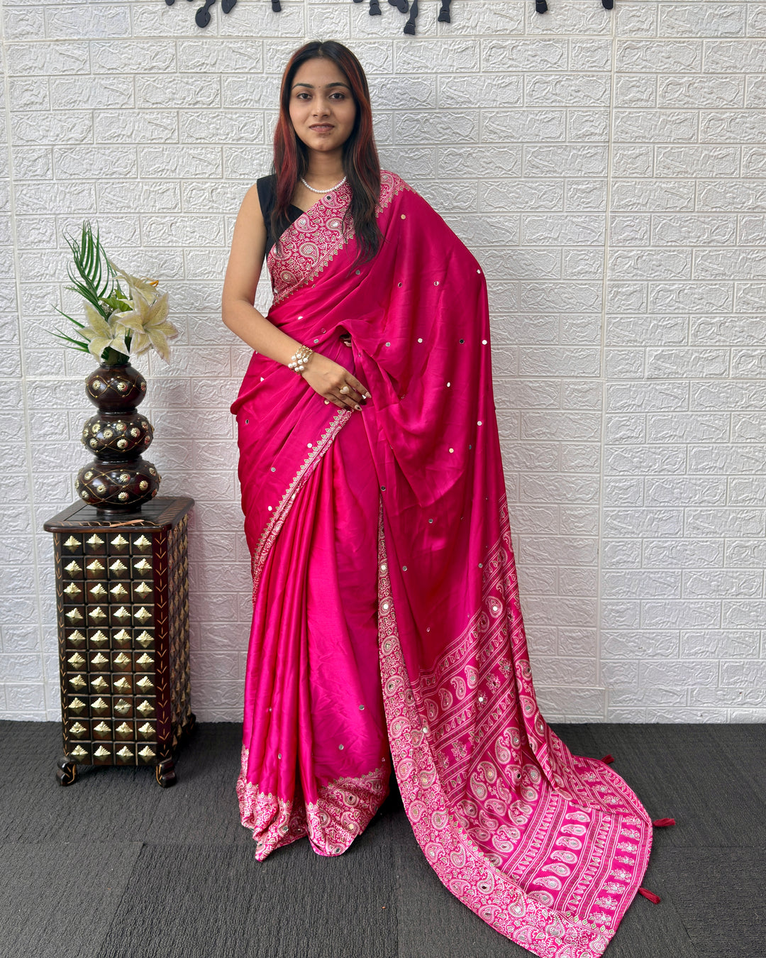 Rani Pink Satin Silk Saree with Kashmiri Paisley Print Pallu &amp; Mirror Butti Detailing | Festive, Wedding &amp; Party Wear Saree