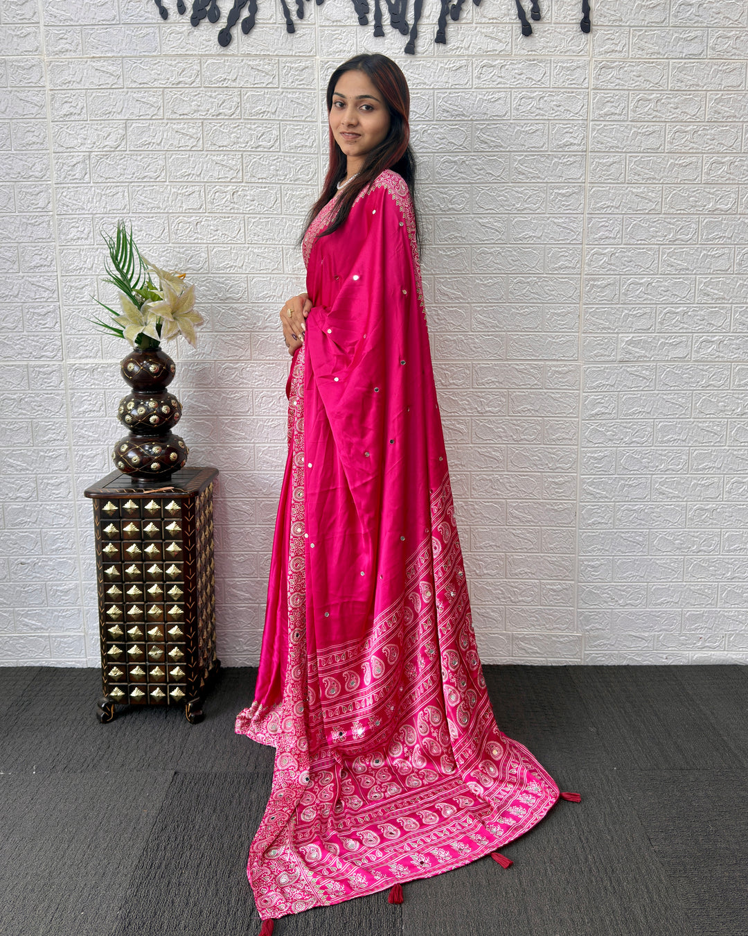 Rani Pink Satin Silk Saree with Kashmiri Paisley Print Pallu &amp; Mirror Butti Detailing | Festive, Wedding &amp; Party Wear Saree