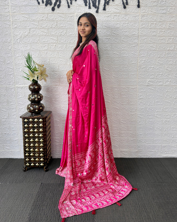 Rani Pink Satin Silk Saree with Kashmiri Paisley Print Pallu &amp; Mirror Butti Detailing | Festive, Wedding &amp; Party Wear Saree
