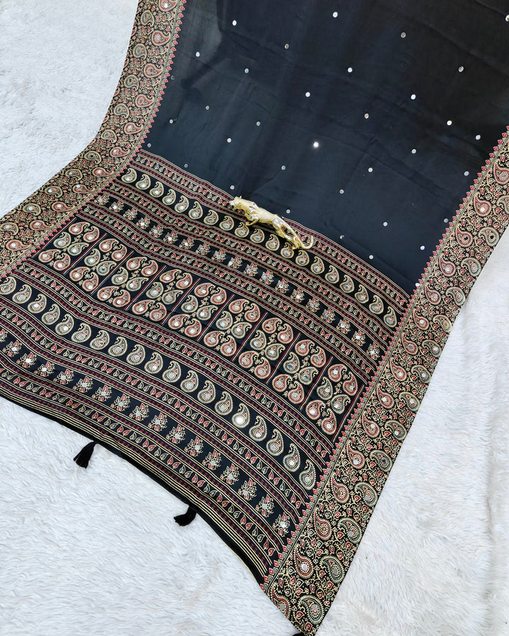 Black Satin Silk Saree with Kashmiri Paisley Print Pallu &amp; Designer Border | Elegant Festive Wear Saree
