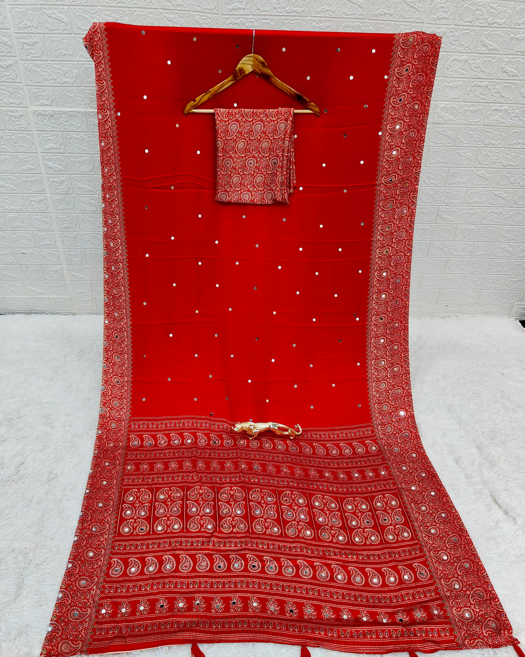Red Satin Silk Saree with Kashmiri Paisley Print Pallu &amp; Designer Border | Festive &amp; Wedding Wear Saree