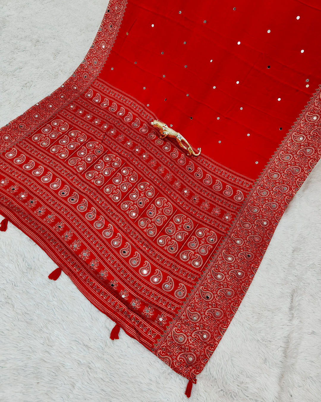 Red Satin Silk Saree with Kashmiri Paisley Print Pallu &amp; Designer Border | Festive &amp; Wedding Wear Saree