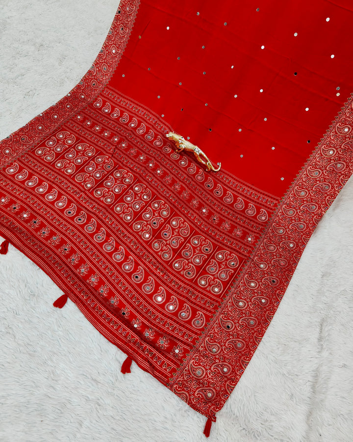 Red Satin Silk Saree with Kashmiri Paisley Print Pallu &amp; Designer Border | Festive &amp; Wedding Wear Saree