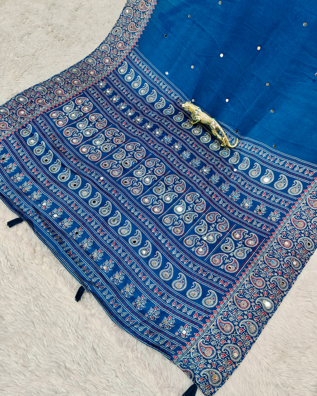 Royal Blue Satin Silk Saree with Kashmiri Paisley Print Pallu &amp; Designer Border | Premium Festive Wear Saree