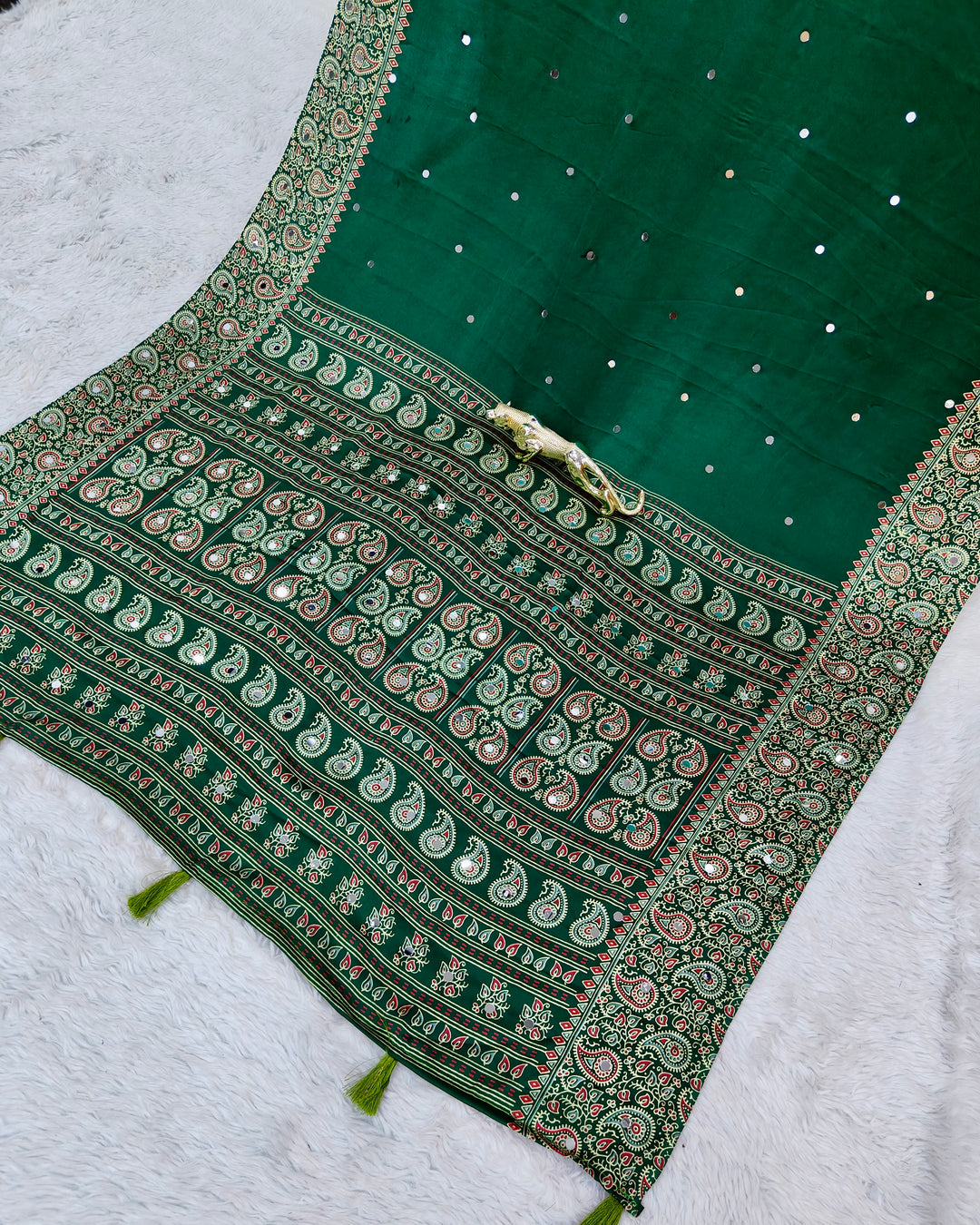 Emerald Green Satin Silk Saree with Kashmiri Paisley Print Pallu &amp; Designer Border | Festive &amp; Wedding Wear Saree