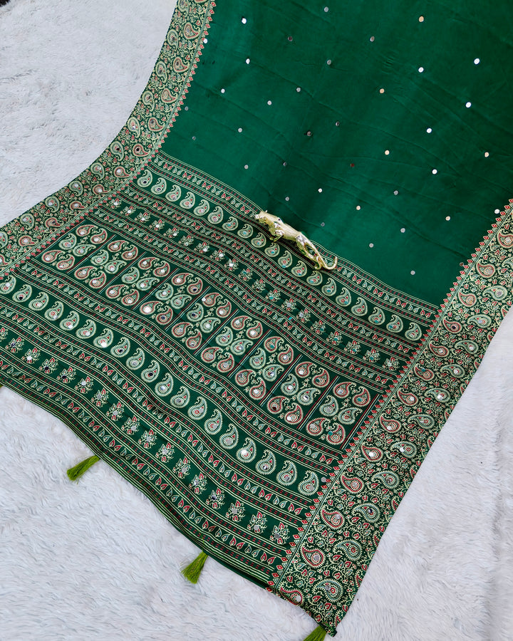 Emerald Green Satin Silk Saree with Kashmiri Paisley Print Pallu &amp; Designer Border | Festive &amp; Wedding Wear Saree