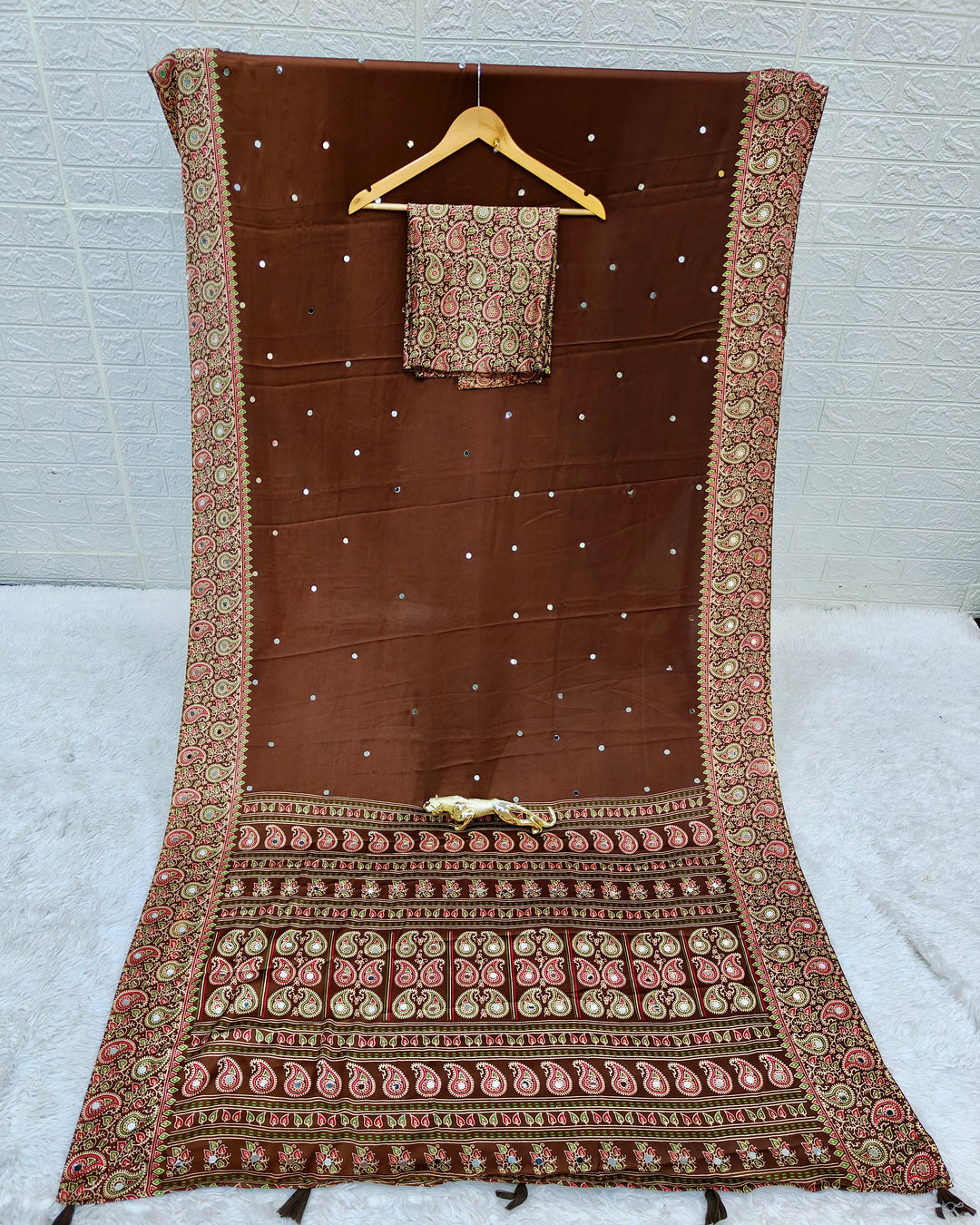 Chocolate Brown Satin Silk Saree with Kashmiri Paisley Print Pallu &amp; Designer Border | Festive, Wedding &amp; Party Wear Saree