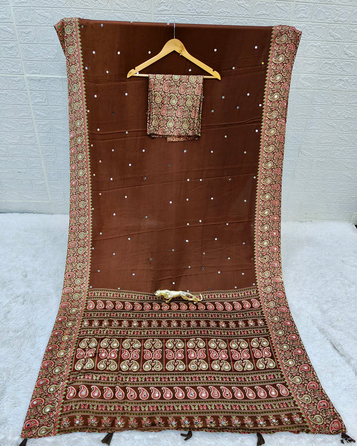 Chocolate Brown Satin Silk Saree with Kashmiri Paisley Print Pallu &amp; Designer Border | Festive, Wedding &amp; Party Wear Saree