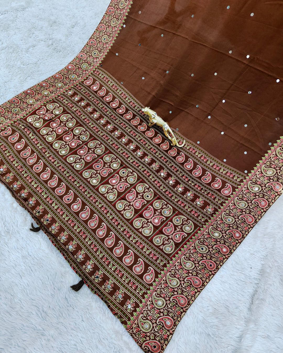 Chocolate Brown Satin Silk Saree with Kashmiri Paisley Print Pallu &amp; Designer Border | Festive, Wedding &amp; Party Wear Saree