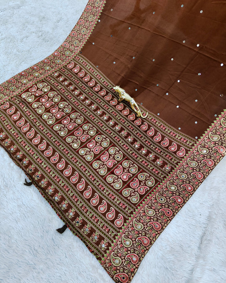 Chocolate Brown Satin Silk Saree with Kashmiri Paisley Print Pallu &amp; Designer Border | Festive, Wedding &amp; Party Wear Saree