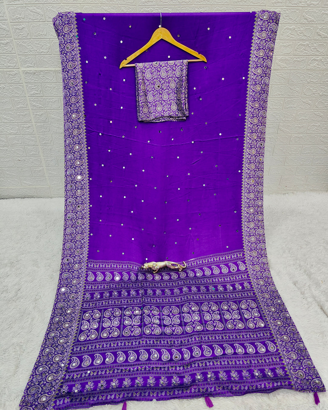 Royal Purple Satin Silk Saree with Kashmiri Paisley Print Pallu &amp; Mirror Butti Detailing | Festive &amp; Wedding Wear Saree