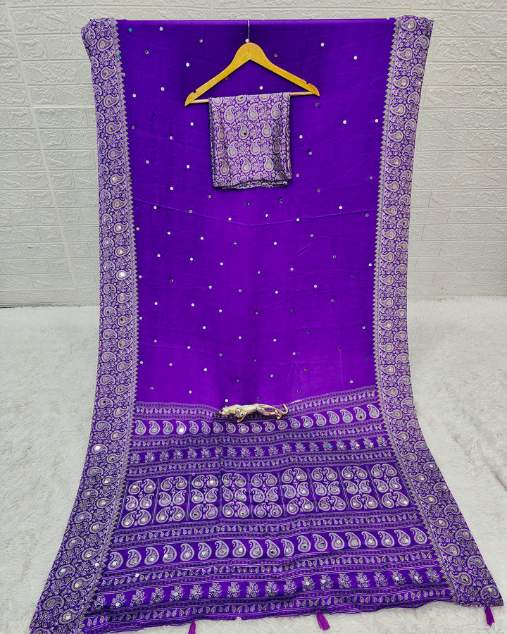 Royal Purple Satin Silk Saree with Kashmiri Paisley Print Pallu &amp; Mirror Butti Detailing | Festive &amp; Wedding Wear Saree