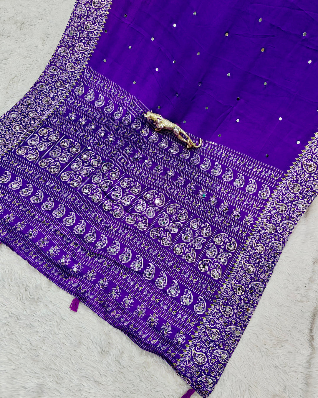 Royal Purple Satin Silk Saree with Kashmiri Paisley Print Pallu &amp; Mirror Butti Detailing | Festive &amp; Wedding Wear Saree
