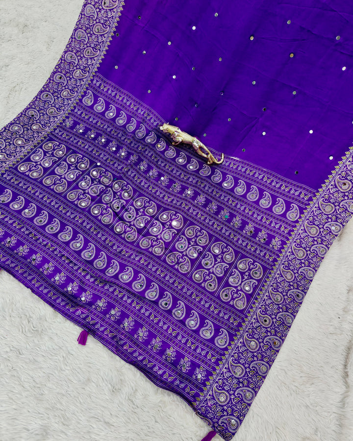 Royal Purple Satin Silk Saree with Kashmiri Paisley Print Pallu &amp; Mirror Butti Detailing | Festive &amp; Wedding Wear Saree