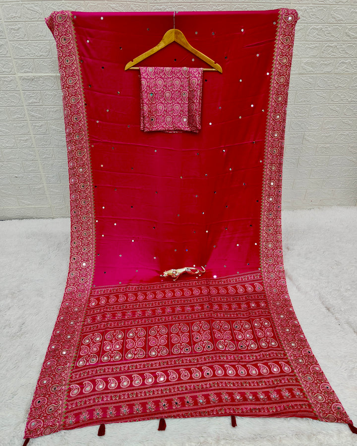 Rani Pink Satin Silk Saree with Kashmiri Paisley Print Pallu &amp; Mirror Butti Detailing | Festive, Wedding &amp; Party Wear Saree