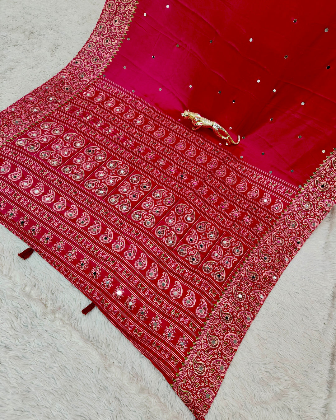 Rani Pink Satin Silk Saree with Kashmiri Paisley Print Pallu &amp; Mirror Butti Detailing | Festive, Wedding &amp; Party Wear Saree