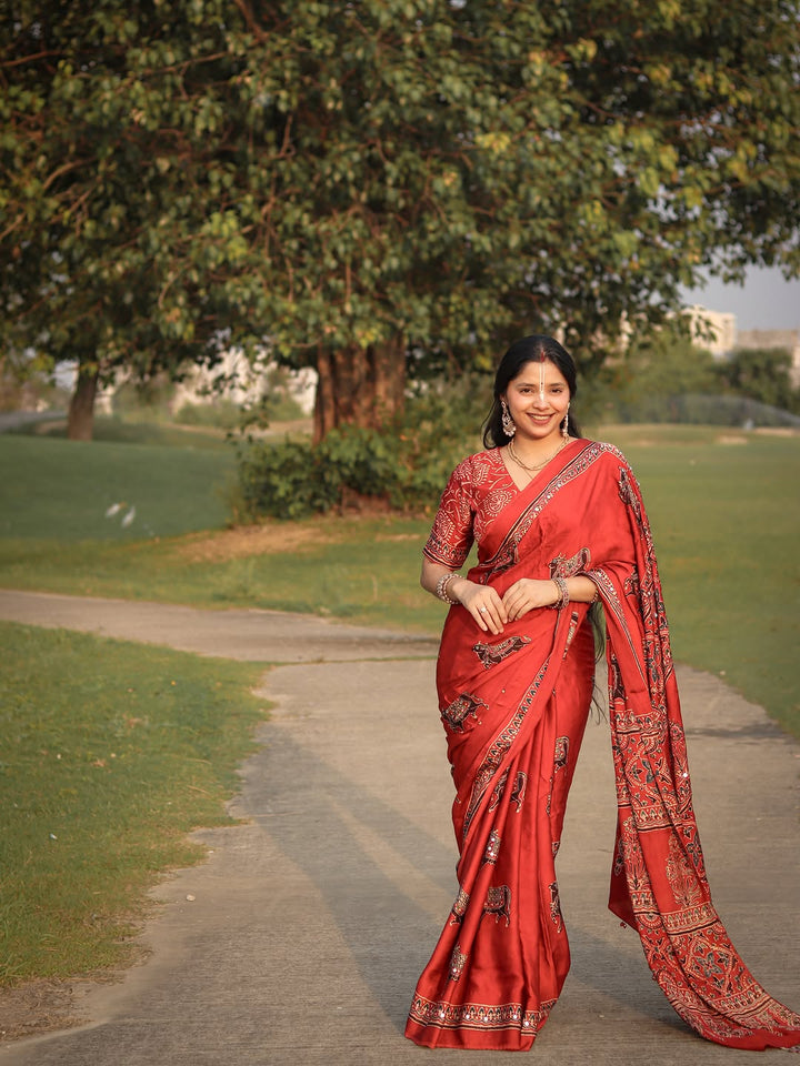 Red Modal Silk Ajrakh Printed Saree with Traditional Cow Motifs &amp; Designer Pallu
