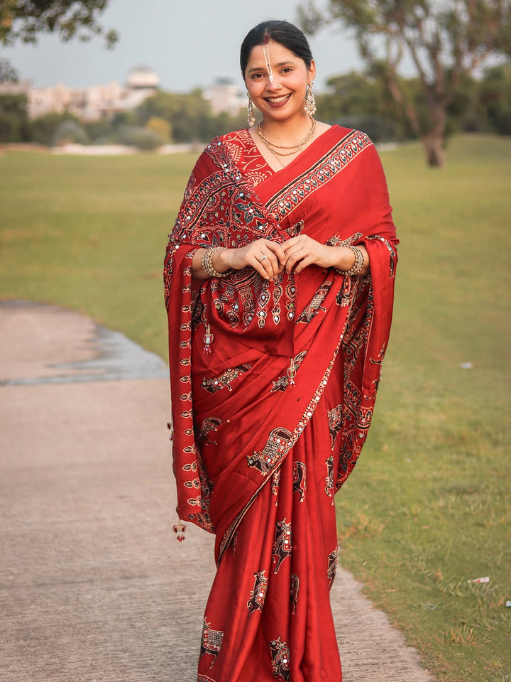 Red Modal Silk Ajrakh Printed Saree with Traditional Cow Motifs &amp; Designer Pallu
