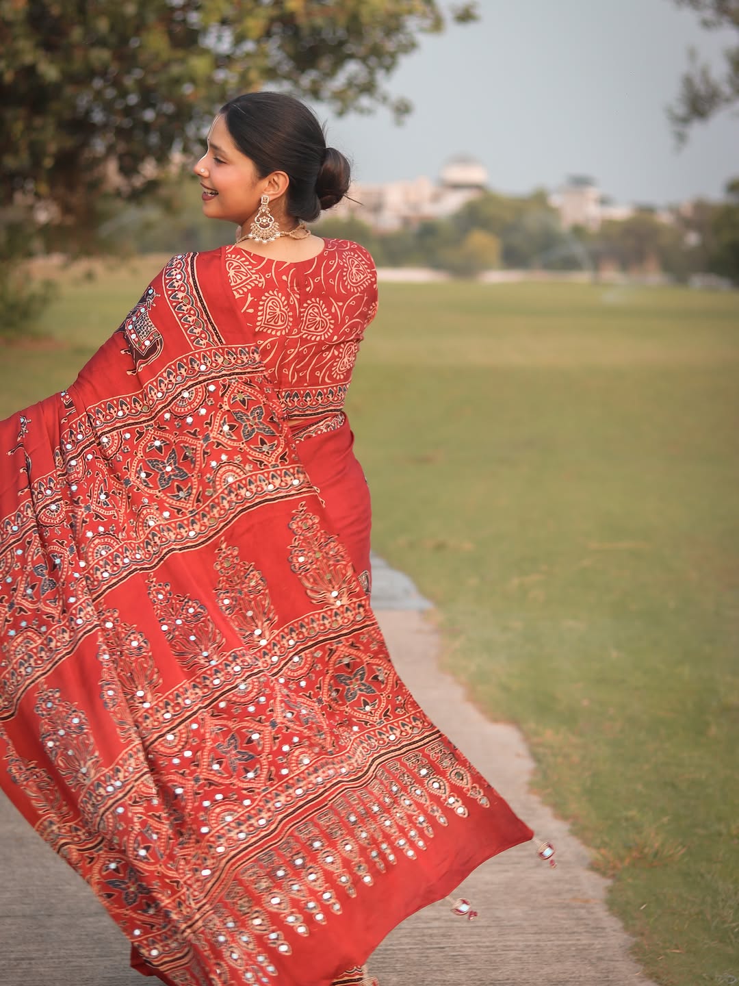 Red Modal Silk Ajrakh Printed Saree with Traditional Cow Motifs &amp; Designer Pallu