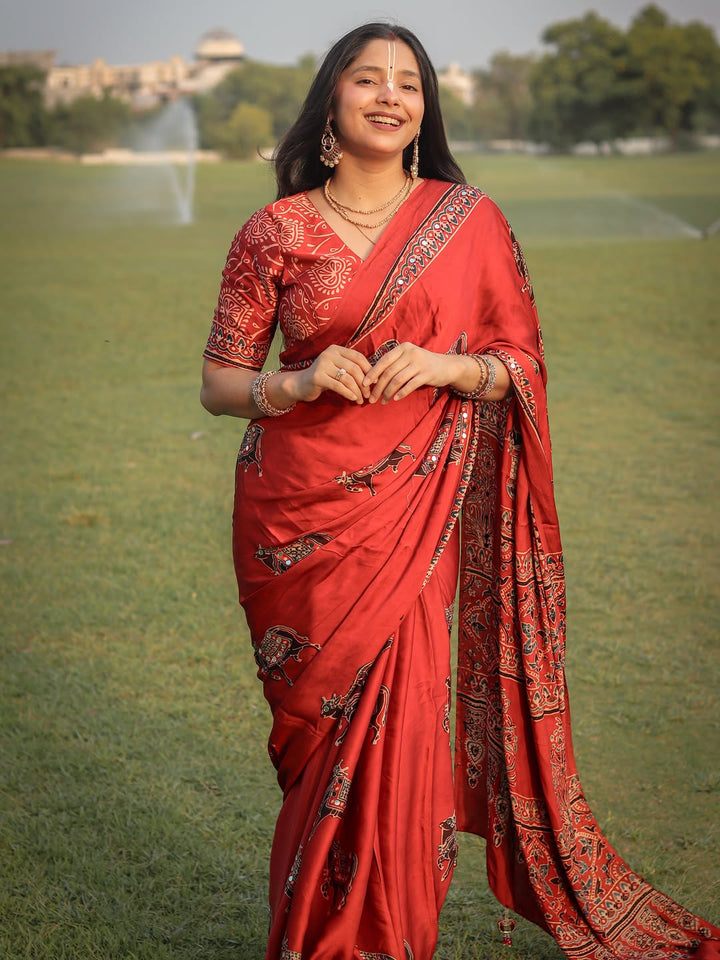 Red Modal Silk Ajrakh Printed Saree with Traditional Cow Motifs &amp; Designer Pallu