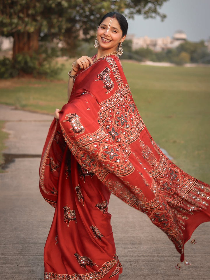 Red Modal Silk Ajrakh Printed Saree with Traditional Cow Motifs &amp; Designer Pallu