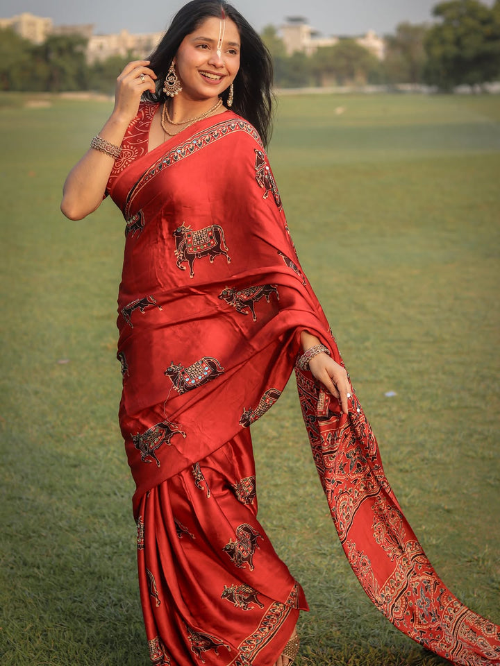 Red Modal Silk Ajrakh Printed Saree with Traditional Cow Motifs &amp; Designer Pallu