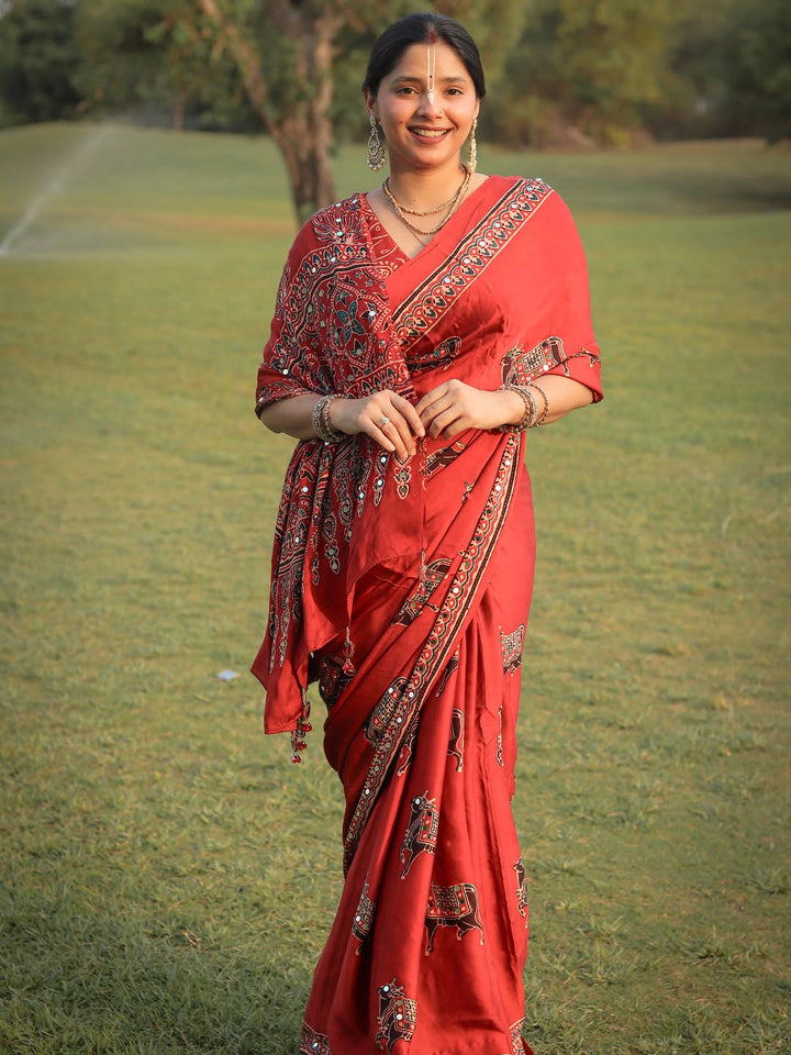 Red Modal Silk Ajrakh Printed Saree with Traditional Cow Motifs &amp; Designer Pallu