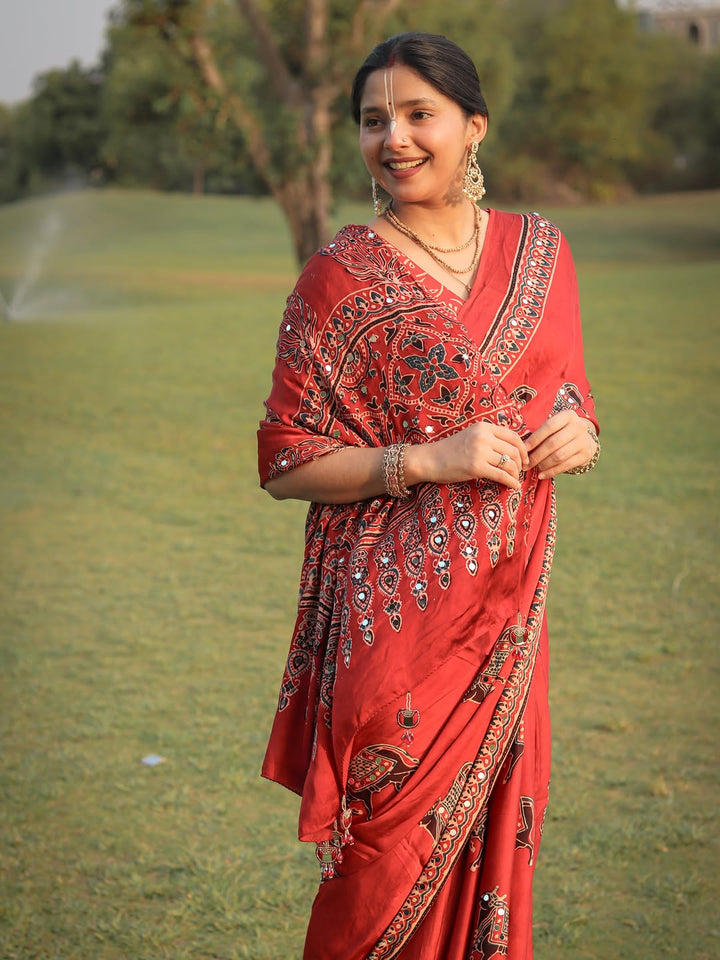 Red Modal Silk Ajrakh Printed Saree with Traditional Cow Motifs &amp; Designer Pallu