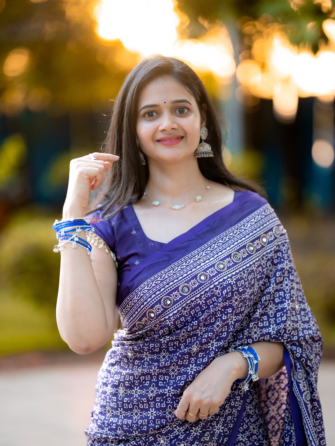 Purple Modal Silk Ajrakh Printed Saree with Designer Pallu &amp; Running Blouse