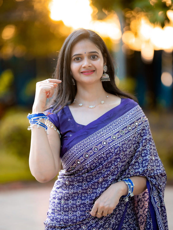 Purple Modal Silk Ajrakh Printed Saree with Designer Pallu &amp; Running Blouse
