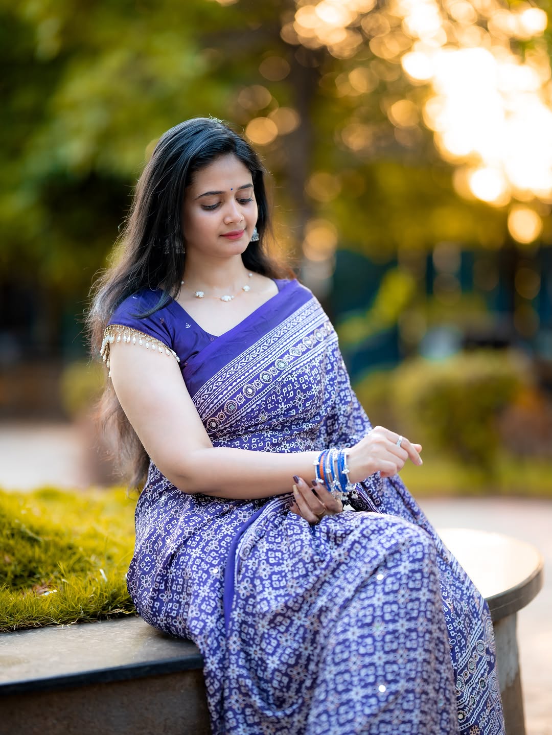Purple Modal Silk Ajrakh Printed Saree with Designer Pallu &amp; Running Blouse