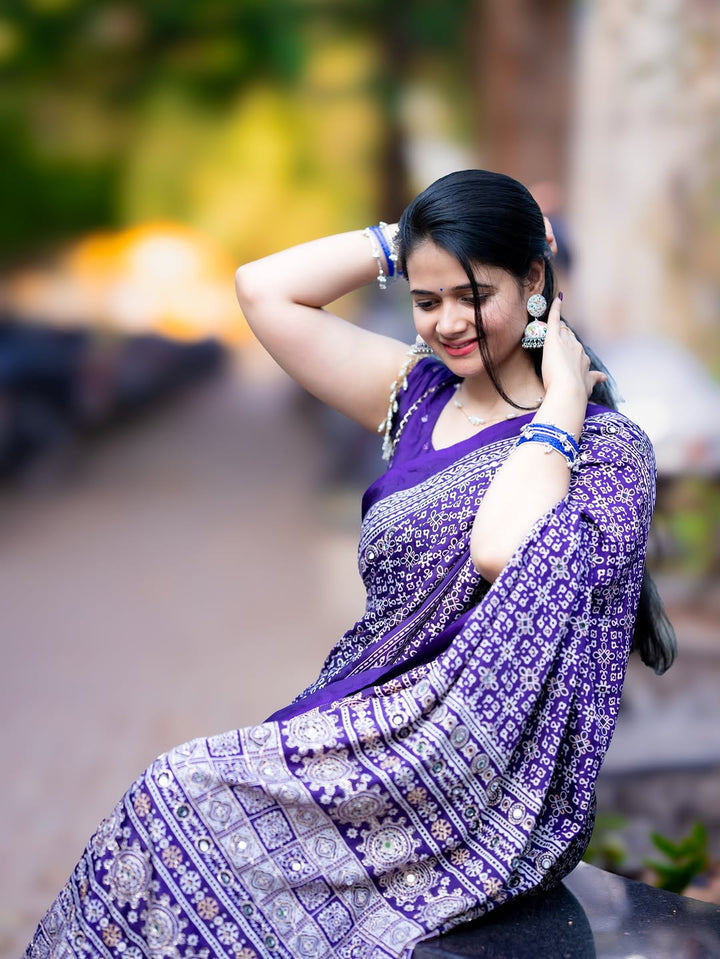 Purple Modal Silk Ajrakh Printed Saree with Designer Pallu &amp; Running Blouse